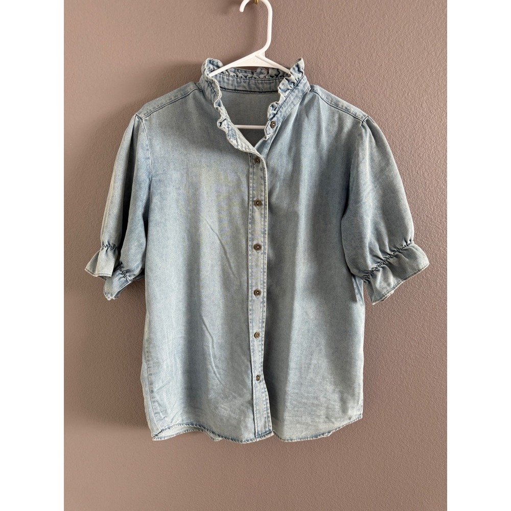 Light Wash Denim Ruffle Neck Puff Sleeve Button Down Shirt Top